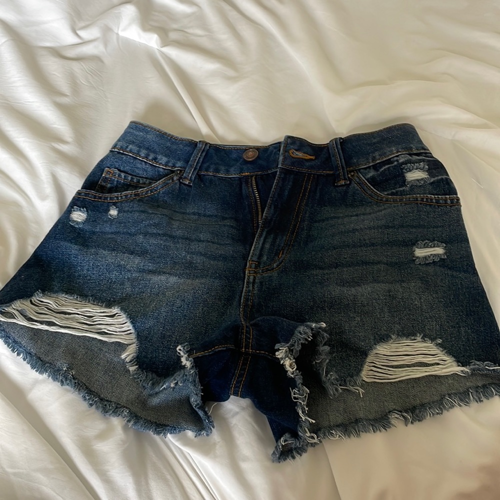 Super high rise dark denim jean shorts